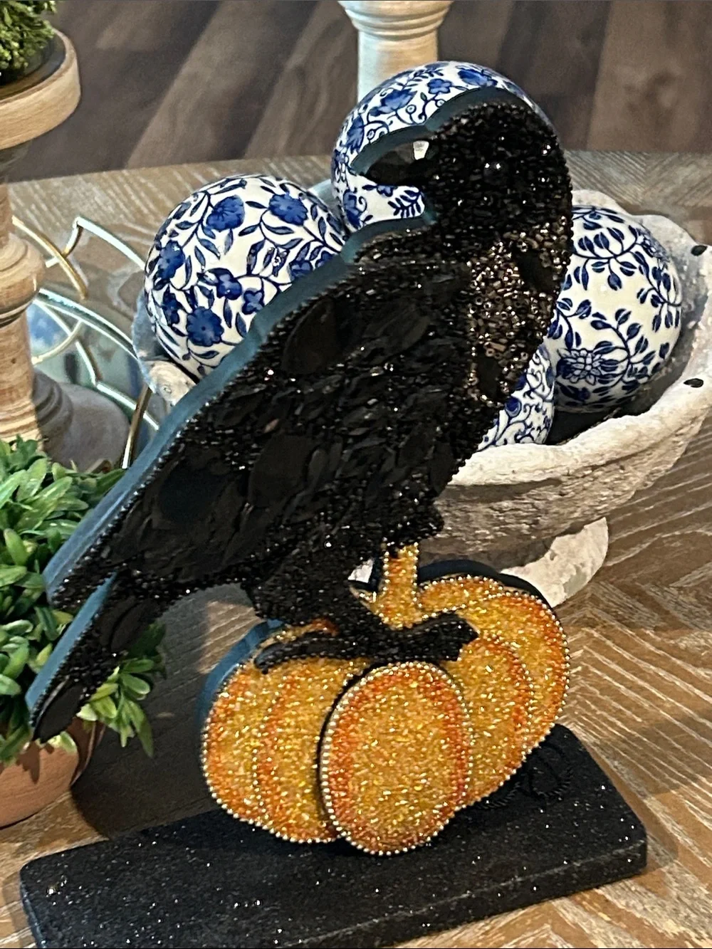 NEW! Vintage Inspired Beaded Black Raven Crow on Orange Fall Harvest Pumpkin
